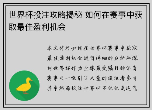 世界杯投注攻略揭秘 如何在赛事中获取最佳盈利机会