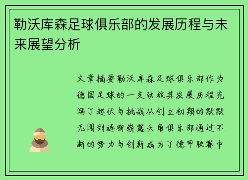 勒沃库森足球俱乐部的发展历程与未来展望分析
