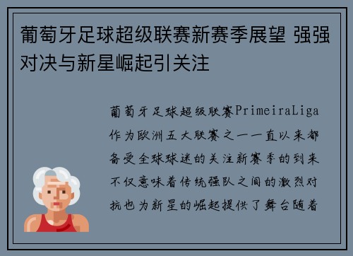 葡萄牙足球超级联赛新赛季展望 强强对决与新星崛起引关注