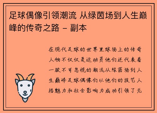 足球偶像引领潮流 从绿茵场到人生巅峰的传奇之路 - 副本